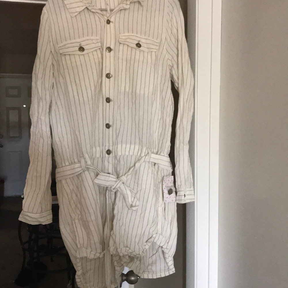 Ivory striped linen romper